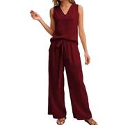 Zanisouta Mono largo para mujer, elegante, de verano, de una pieza, con cuello en V, sin mangas, con bolsillos, de pierna ancha, con bolsillos, O rojo., XL