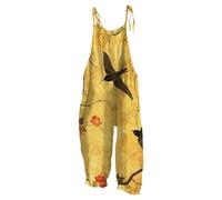 Zanisouta Mono largo para mujer, estampado de flores, peto, vintage, de lino, mono bohemio, ligero y elegante, pantalones de peto de pierna ancha, holgados, de verano, informal, transpirable, R Orange