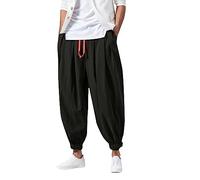 Zanisouta Pantalones harén para hombre de lino japonés, elásticos, para yoga, verano, ligeros, de lino, con bolsillos, para verano, pantalones de Aladino, ligeros y elásticos, E negro., M