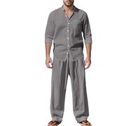 Zanisouta Ropa de lino para hombre, traje deportivo ligero de verano, informal, monocolor, traje de algodón, informal, camisa de verano de 2 piezas y pantalones largos, traje de ocio, juego de
