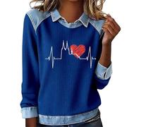 Zanisouta Sudadera de día de San Valentín para mujer, vaquero, patchwork, jersey sin capucha, camiseta de manga larga, transpirable, suave, camiseta deportiva, otoño, fitness, uso diario, cuello