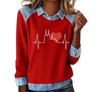 Zanisouta Sudadera de día de San Valentín para mujer, vaquero, patchwork, jersey sin capucha, camiseta de manga larga, transpirable, suave, camiseta deportiva, otoño, fitness, uso diario, cuello