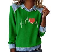 Zanisouta Sudadera de día de San Valentín para mujer, vaquero, patchwork, jersey sin capucha, camiseta de manga larga, transpirable, suave, camiseta deportiva, otoño, fitness, uso diario, cuello