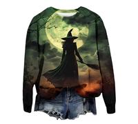 Zanisouta Sudadera para mujer, disfraz de Halloween en 3D, estampado de brujas, cuello en V, blusa con botones, camisa de ocio con manga 3/4, parte superior estampada colorida, sin capucha, disfraz de