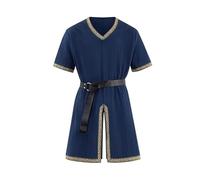 Zanisouta Túnica medieval vintage para hombre, camisa vikinga de manga corta, camisa vikinga con cenefa, camisa de ocio, guerras, disfraz renacentista, disfraz para carnaval, fiesta temática, O Azul