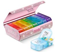 Zannaki Bling Metal XL - Organizador semanal de píldoras 2 veces al día, pastillero grande de viaje diario para 7 días, contenedor portátil para píldoras semanales dos veces, pastillero AM PM para