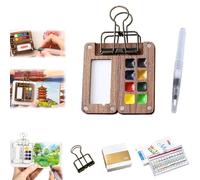 ZANWANXIN Pocket Artist Watercolor Travel Set, Mini Watercolor Paint Set, Mini Portable Wooden Paint Box Set, Portable Watercolor Travel Set, with Binder Clip Paint and Water Pen (A Set)