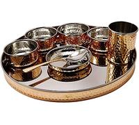 Zap impex Vajilla india de acero inoxidable cobre martillado vajilla tradicional conjunto de platos thali, cuencos, vidrio y cucharas para servir para el hogar y la cocina