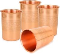 Zap Impex Vaso de Agua de Cobre Ayurvédico, Taza Con Vidrio en Relieve (4 Piezas Grabadas)