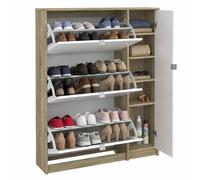 Zapatero Abatible Adaja, Mueble Zapatero de 3 Compartimentos con 2 Niveles y una Puerta en Color Roble Patinado y Blanco Alto Brillo 99 x 24 x 124