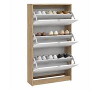 Zapatero Abatible Segre Oak de 3 Compartimentos, Mueble Zapatero con 2 Niveles en Color Blanco y Roble patinado 71 x 25 x 124 cm