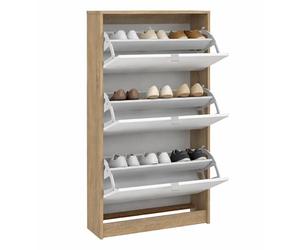 Zapatero Abatible Segre Oak de 3 Compartimentos, Mueble Zapatero con 2 Niveles en Color Blanco y Roble patinado 71 x 25 x 124 cm