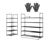 Zapatero ajustable de 2 niveles para entrada, almacenamiento de zapatos de metal expandible con ganchos laterales y guantes, color negro (37,5 cm) - Diseño que ahorra espacio