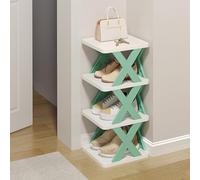 Zapatero apilable de 4 niveles, ahorra espacio, de pie, diseño en forma de X fácil de limpiar, torre de plástico en azul, perfecto para la entrada del hogar y espacios pequeños