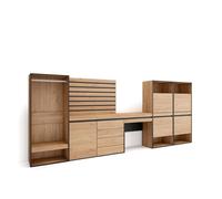 Zapatero, armario zapatos botas, 357x145x35cm, dormitorio, habitación, vestidor abierto, cómoda, cajonera, listones decorativos, tocador, estilo moderno, roble