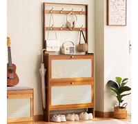 Zapatero con 2/3 puertas abatibles, moderno armario organizador de zapatos con 8 ganchos, zapatero estrecho para entrada, estructura de bambú resistente, para cocina, entrada, sala de estar (marrón 15