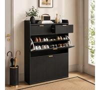 Zapatero con 2 solapas, zapatero estrecho con divisores ajustables, zapatero con 2 cajones, zapatero para pasillo, entrada, salón, 80 x 24 x 110 cm (negro B)