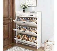 Zapatero con 3 puertas y 2 cajones para entrada, organizador de zapatos estrecho blanco de 4 niveles, zapatero abatible de madera para pasillo, sala de estar, casa y apartamento (100 x 24 x 120 cm)