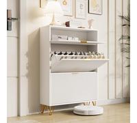 zapatero con 3 solapas, estrecho, de madera de ratán, con patas y compartimentos abiertos, independiente para pasillo, pasillo (blanco)