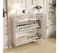 zapatero con 3 solapas, estrecho, de madera de ratán, con patas y compartimentos abiertos, independiente para pasillo, blanco