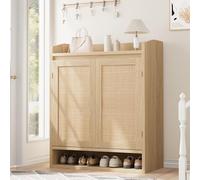 Zapatero con 4 Solapas, moderno de ratán estilo bohemio y farmhouse - 80 x 40 x 100 cm, Estantes ajustables Estructura cerrada de madera natural para entrada, pasillo, salón o armario - Color madera