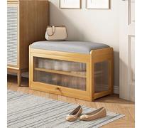 Zapatero de bambú con puertas abatibles, banco de zapatos de entrada con asiento de cuero acolchado, banco de almacenamiento de zapatos de 2 niveles para puerta delantera, pasillo