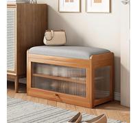 Zapatero de bambú con puertas abatibles, banco de zapatos de entrada de 2 niveles con cojín de piel sintética, elegante almacenamiento para zapatos en la puerta delantera
