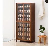 Zapatero de bambú con puertas correderas, estante de almacenamiento estrecho independiente para entrada y pasillo, zapatos que ahorra espacio con paneles acrílicos (60 x 32 x 72 cm, marrón/verde)