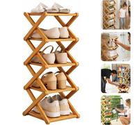 Zapatero de bambú de 2/3/4/5/6/7/8/9/nivel, organizador delgado vertical plegable sin ensamblaje, almacenamiento de zapatos alto y estrecho for espacios pequeños de entrada y armario(Nature,5th floor)
