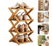 Zapatero de bambú de 2/3/4/5/6/7/8/9/nivel, organizador delgado vertical plegable sin ensamblaje, almacenamiento de zapatos alto y estrecho for espacios pequeños de entrada y armario(Nature,4th floor)