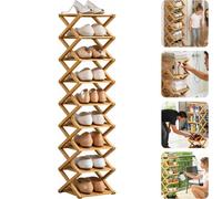 Zapatero de bambú de 2/3/4/5/6/7/8/9/nivel, organizador delgado vertical plegable sin ensamblaje, almacenamiento de zapatos alto y estrecho for espacios pequeños de entrada y armario(Nature,9th floor)