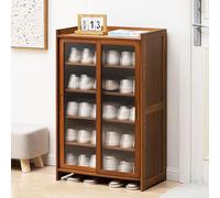 Zapatero de bambú de 5 niveles, moderno zapatero estrecho con puertas correderas, almacenamiento de gran capacidad para entrada, pasillo, sala de estar, baño, marrón, 60 x 32 x 93 cm