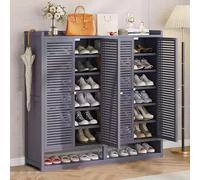 Zapatero de bambú de 8 niveles, zapatero de madera independiente con 4 puertas para entrada y pasillo, diseño que ahorra espacio, color gris, 117 x 32 x 110 cm