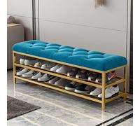 Zapatero de entrada de metal con gran capacidad y asiento tapizado de terciopelo de lujo, muebles modernos para pasillo en azul, 100 x 35 x 46 cm