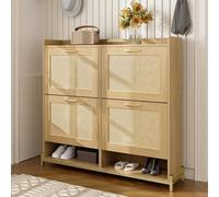 Zapatero de madera con 4 puertas de mimbre y estructura de metal y estante superior para un almacenamiento elegante y organizado, 108,5 x 24 x 100 cm