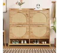Zapatero de madera con 4 puertas de mimbre y estructura de metal y estante superior para un almacenamiento elegante y organizado, 108,5 x 24 x 100 cm