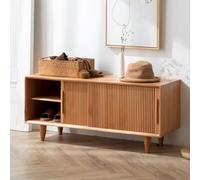 Zapatero de madera maciza con puertas correderas, estante ajustable y banco de almacenamiento de entrada con cojín para pasillo y dormitorio