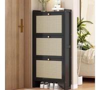 Zapatero de ratán bohemio - Elegante almacenamiento de madera para dormitorio, entrada y pasillo, organizador que ahorra espacio para zapatos, decoración elegante del hogar