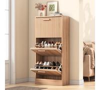 Zapatero de ratán con 3 solapas, zapatero estrecho con divisores ajustables, zapatero para pasillo, pasillo, entrada, salón, 60 x 24 x 113 cm (color madera natural A)