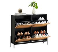 Zapatero de ratán con 4 cajones de ratán, zapatero, estrecho, ajustable, de madera, patas de metal, para pasillo, entrada o pasillo, 100 x 24 x 88 cm, color negro