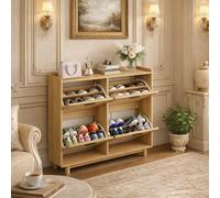 Zapatero de ratán con 4 solapas, estrecho con asas de metal, zapatero de madera, zapatero para entrada, salón, pasillo, 100 x 24 x 95 cm, roble (color roble)