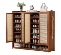 Zapatero de ratán con puertas y espacio abierto, ideal para entrada, casa de campo, pasillo, sala de estar, almacenamiento elegante para zapatos y accesorios