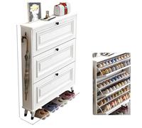 Zapatero delgado de 3 cajones, nizer de entrada abatible con patas de madera y ganchos laterales, almacenamiento elegante para puerta delantera, esquinas redondas y asas de metal (35.4 pulgadas)