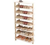 Zapatero delgado de madera de 8 niveles alto, estante vertical de almacenamiento para espacios pequeños, entrada y sala de estar, acabado blanco y natural, 60 cm de alto