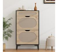 Zapatero Delgado De Ratán Con 2 Cajones Volteables y 1 Extraíble, Estantes Ajustables, Patas De Metal Resistentes, Organizador De Zapatos Independiente Para Entrada, Ideal Para Espacios Pequeños.