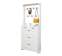 Zapatero estrecho blanco para entrada, simple e independiente de madera maciza con perchero, 3 cajones abatibles y compartimento de almacenamiento, elegante y funcional.