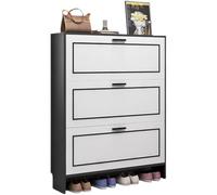 Zapatero estrecho de 3 puertas con amplio almacenamiento superior, zapatos independientes para pasillo E y sala de estar, diseño elegante y funcional