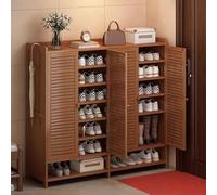 Zapatero estrecho de 8 niveles con puertas con persianas, entrada independiente, solución de almacenamiento abierta para pasillo y sala de estar, elegante acabado marrón