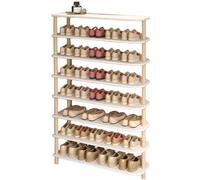 Zapatero estrecho de madera vertical de 8 niveles para espacios pequeños, esquina, entrada, color blanco + natural, 80 cm de alto, ideal para sala de estar y pasillo