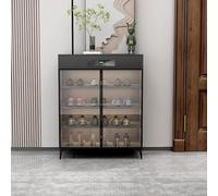 Zapatero inteligente con sistema de circulación de aire caliente PTC, zapatero de madera maciza, armario de almacenamiento de zapatos con puerta de vidrio templado, organizador de zapatos (negro)